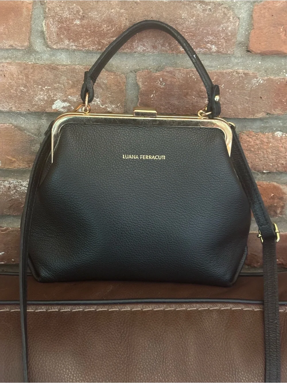 Luana Ferracuti Made in Italy Black Leather Doctor Bag/Gold Frame Satchel